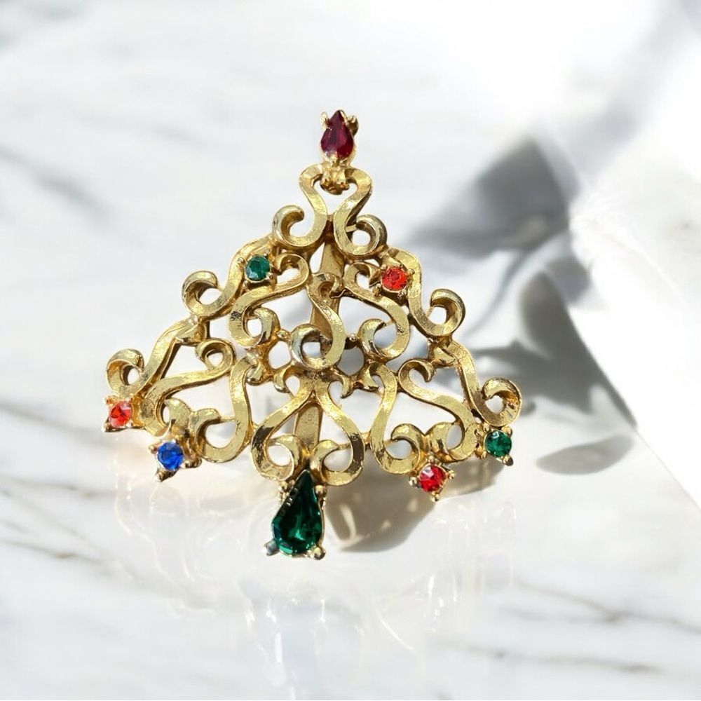 Vintage Multicolor Filigree Brooch – Goldtone Statement Pin